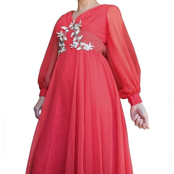 Vintage Mike Benet Formals 70s 60s Red Sheer Fairy Maxi Beaded Evening Dress 2 - Picture 3 of 16